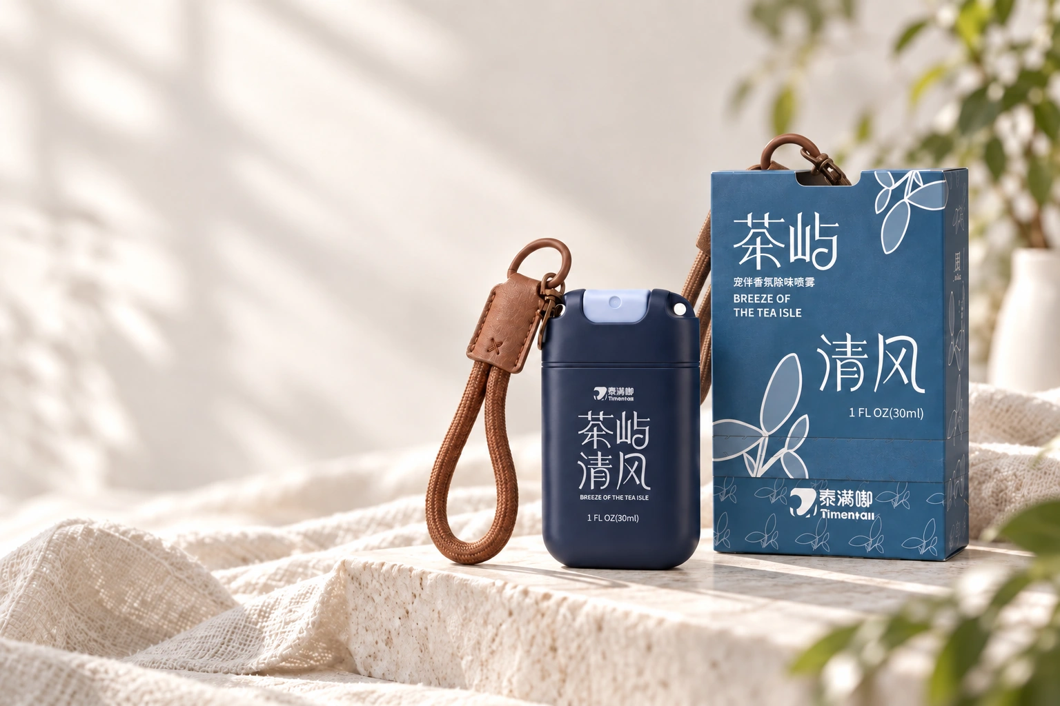 茶屿清风30毫升香氛瓶与蓝色原包装盒的场景